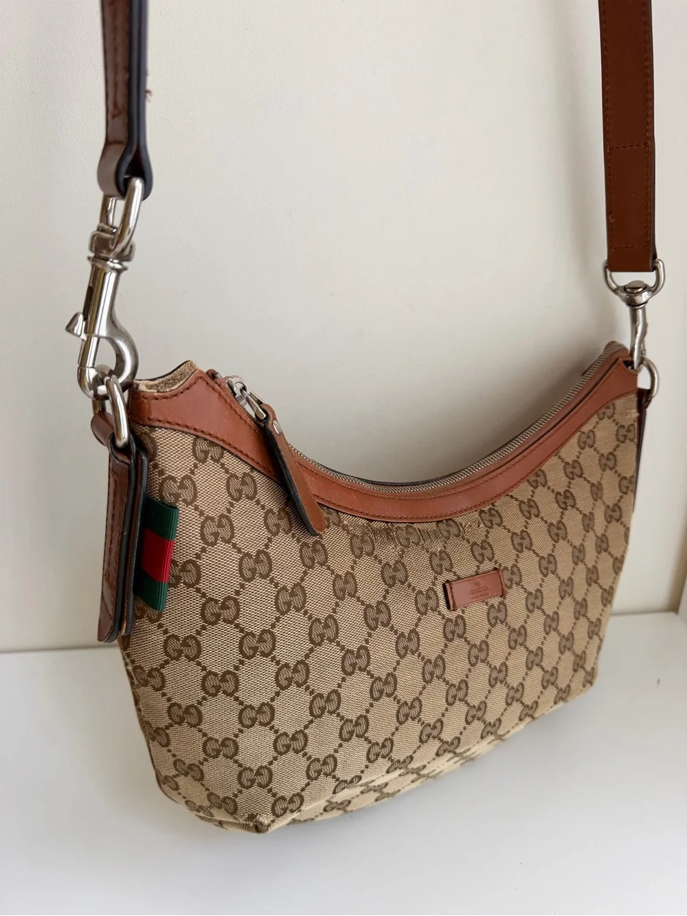 Authentic GUCCI GG Canvas Web Sherry Line Half Moon Crossbody bag